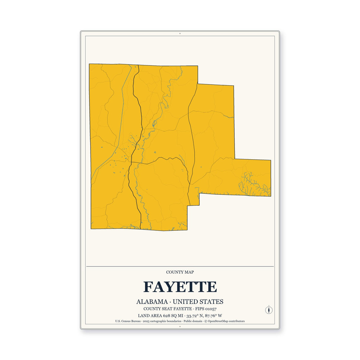 Fayette County, Alabama Map Aluminum Sign in Citrine Modern style