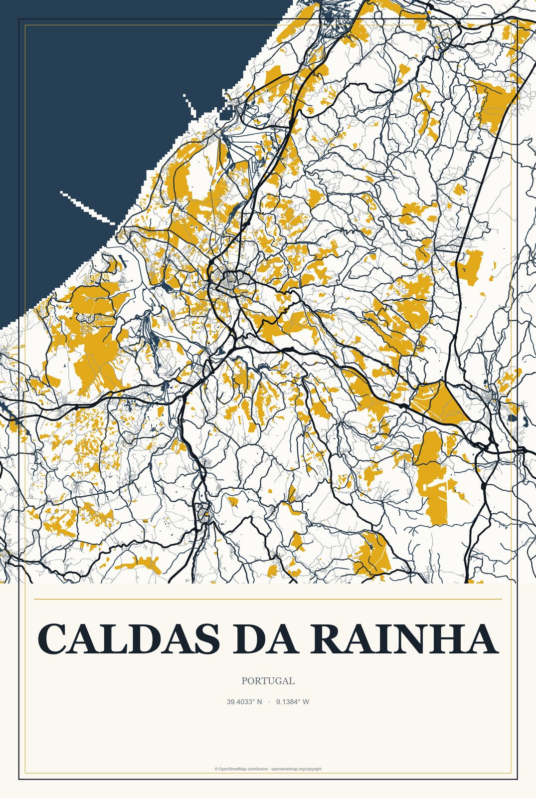 Caldas da Rainha, Portugal City Map Aluminum Sign in Citrine Modern style