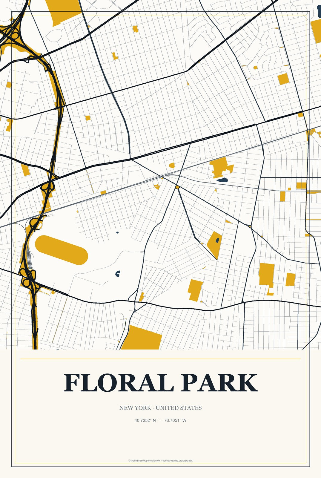 Floral Park, New York City Map Aluminum Sign in Citrine Modern style