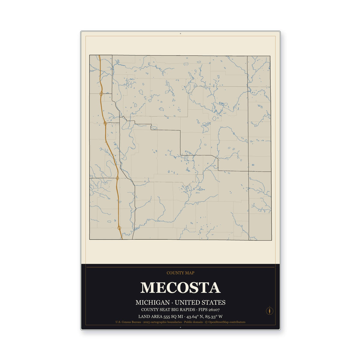 Mecosta County, Michigan Map Aluminum Sign in Museum Plaque style