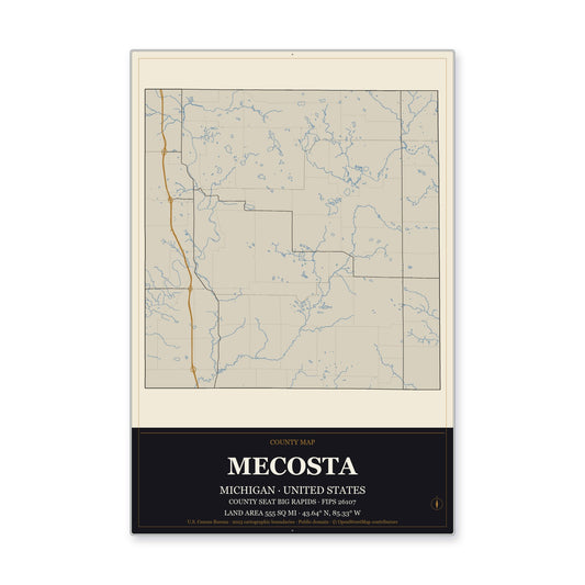 Mecosta County, Michigan Map Aluminum Sign in Museum Plaque style
