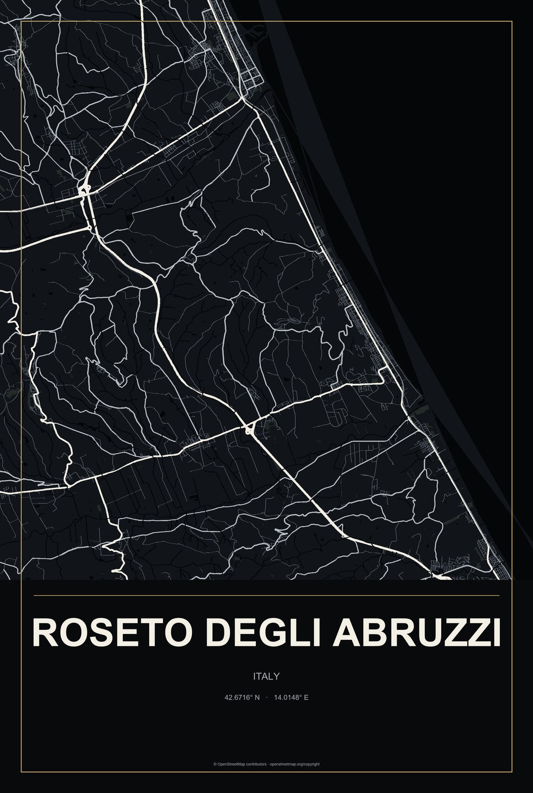 Roseto degli Abruzzi, Italy City Map Aluminum Sign in Metropolitan Noir style