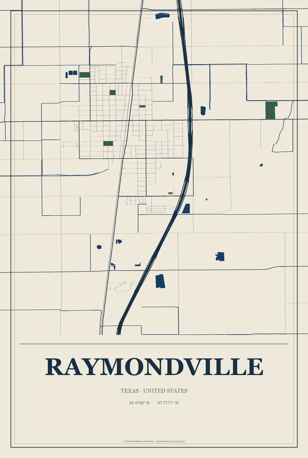 Raymondville, Texas City Map Aluminum Sign in Coastal Cutout style