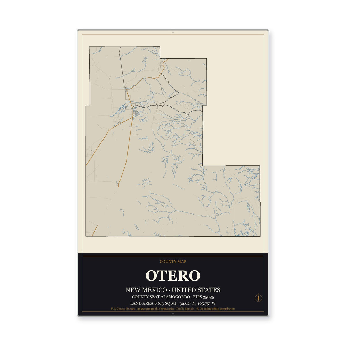 Otero County, New Mexico Map Aluminum Sign in Museum Plaque style