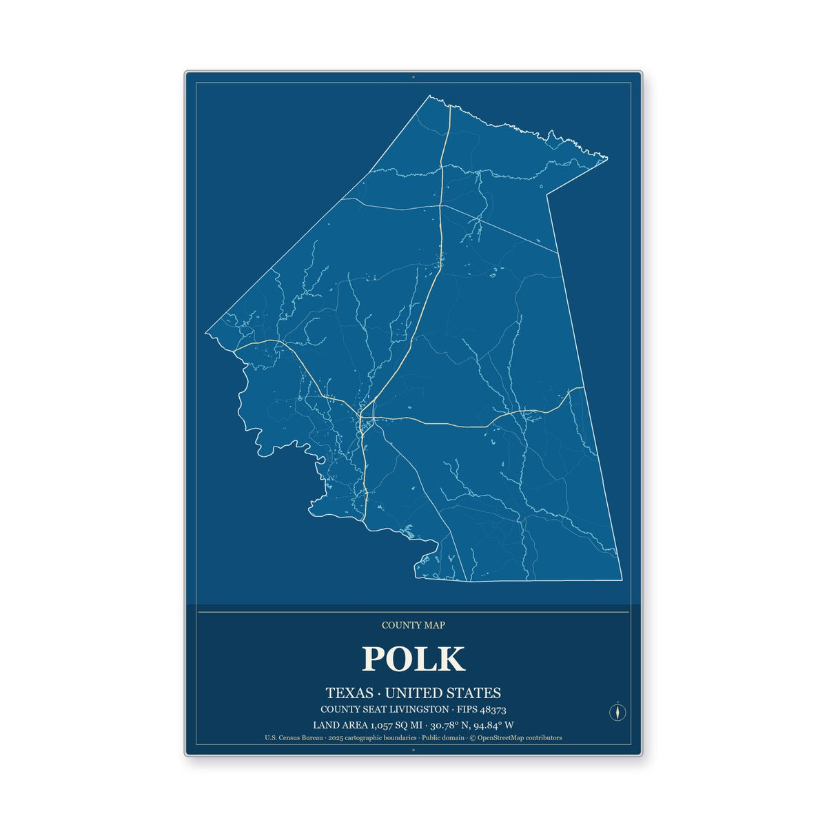Polk County, Texas Map Aluminum Sign in Harbor Cobalt style
