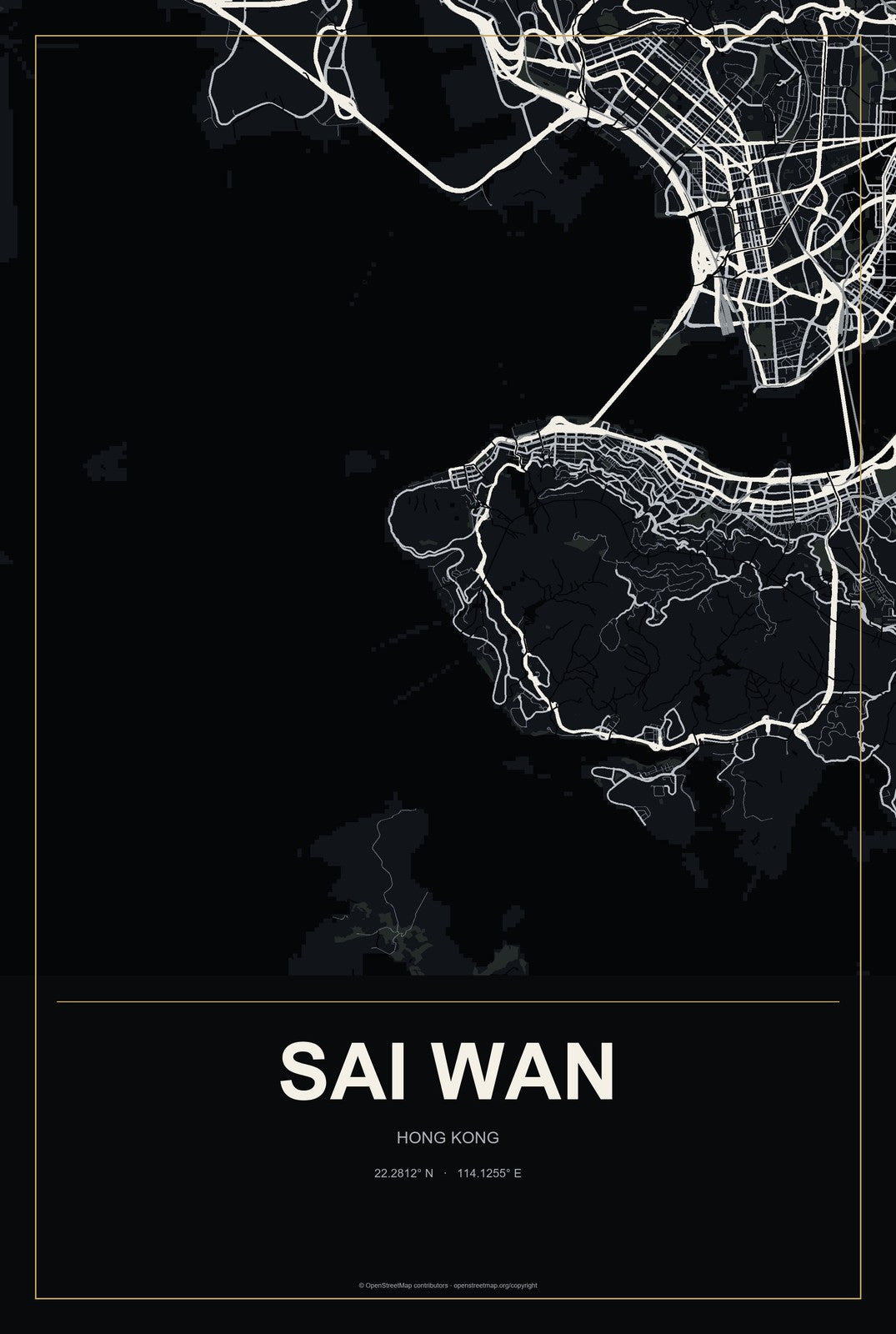 Sai Wan, Hong Kong City Map Aluminum Sign in Metropolitan Noir style