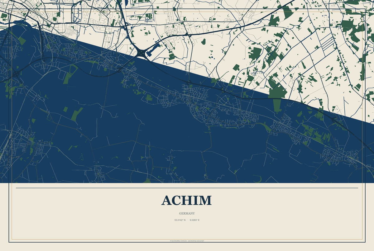 Achim, Germany City Map Aluminum Sign in Coastal Cutout style
