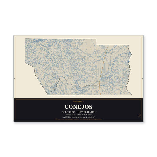 Conejos County, Colorado Map Aluminum Sign in Museum Plaque style