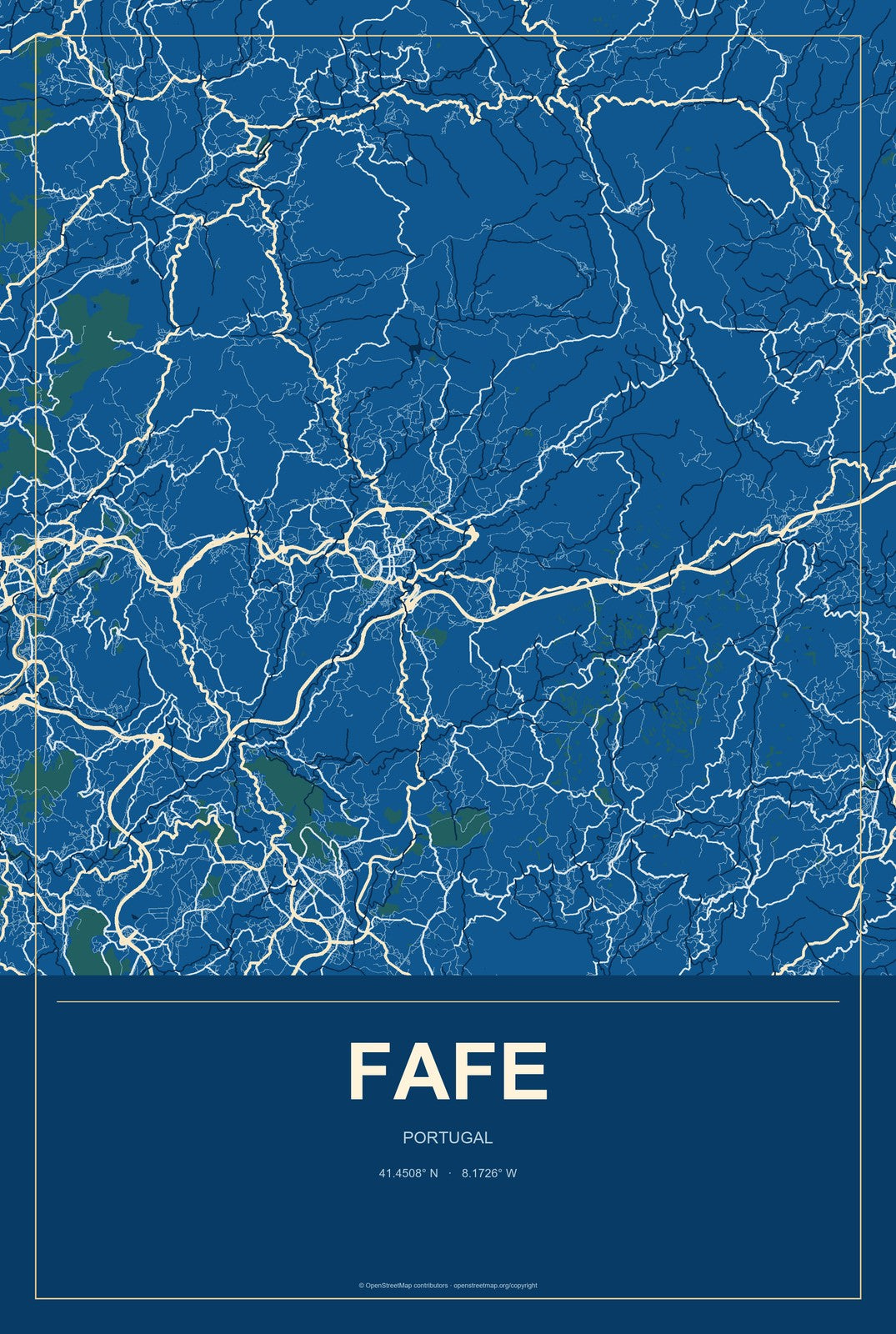 Fafe, Portugal City Map Aluminum Sign in Harbor Cobalt style