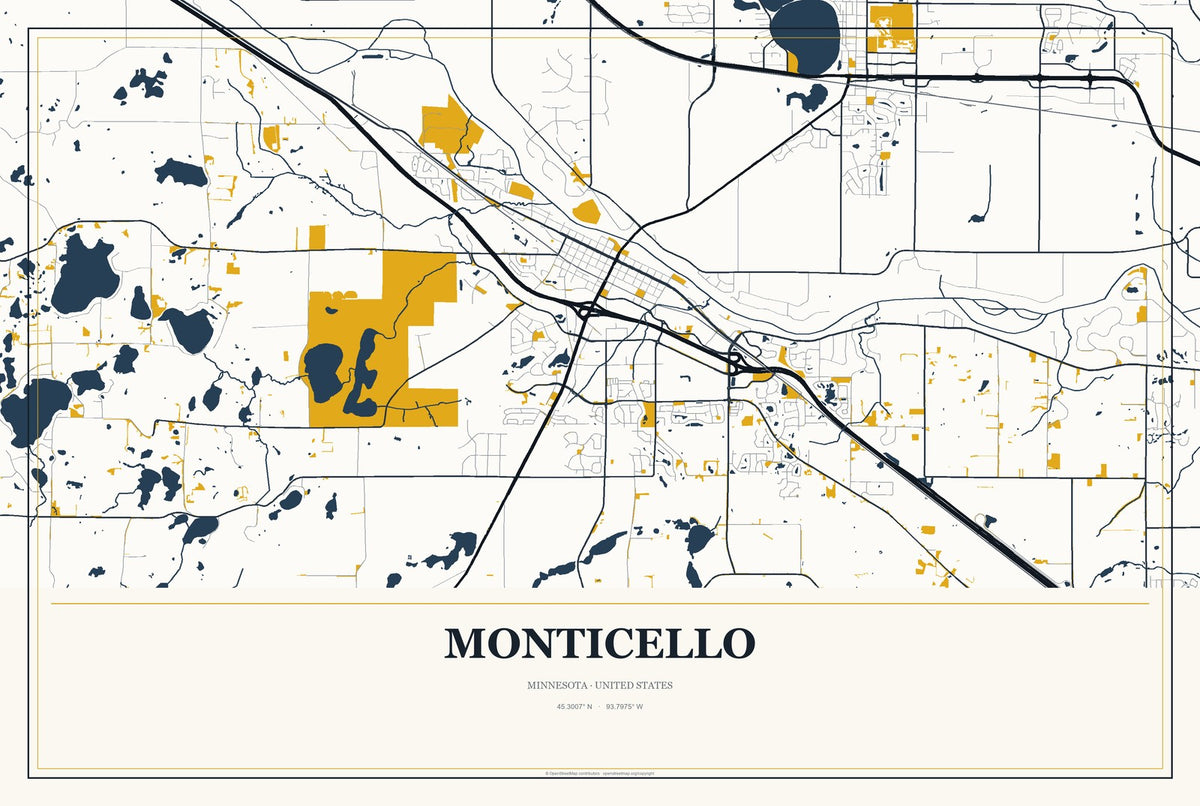 Monticello, Minnesota City Map Aluminum Sign in Citrine Modern style
