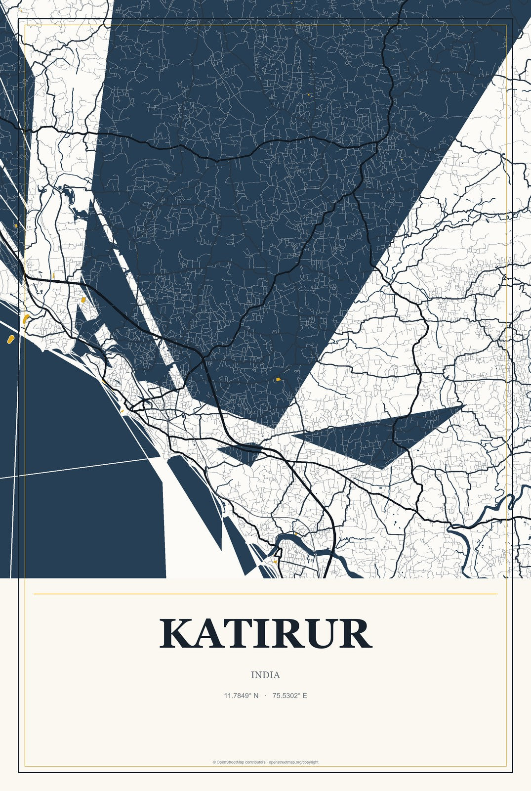 Katirur, India City Map Aluminum Sign in Citrine Modern style