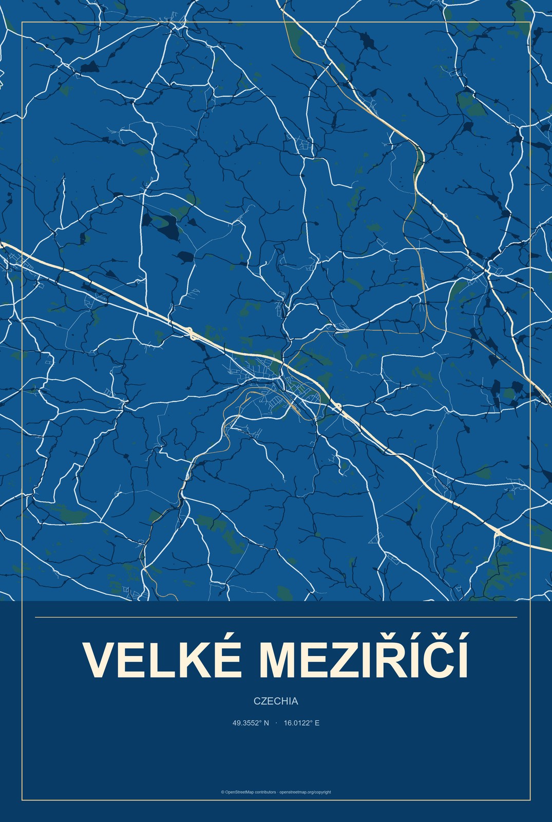 Velké Meziříčí, Czechia City Map Aluminum Sign in Harbor Cobalt style