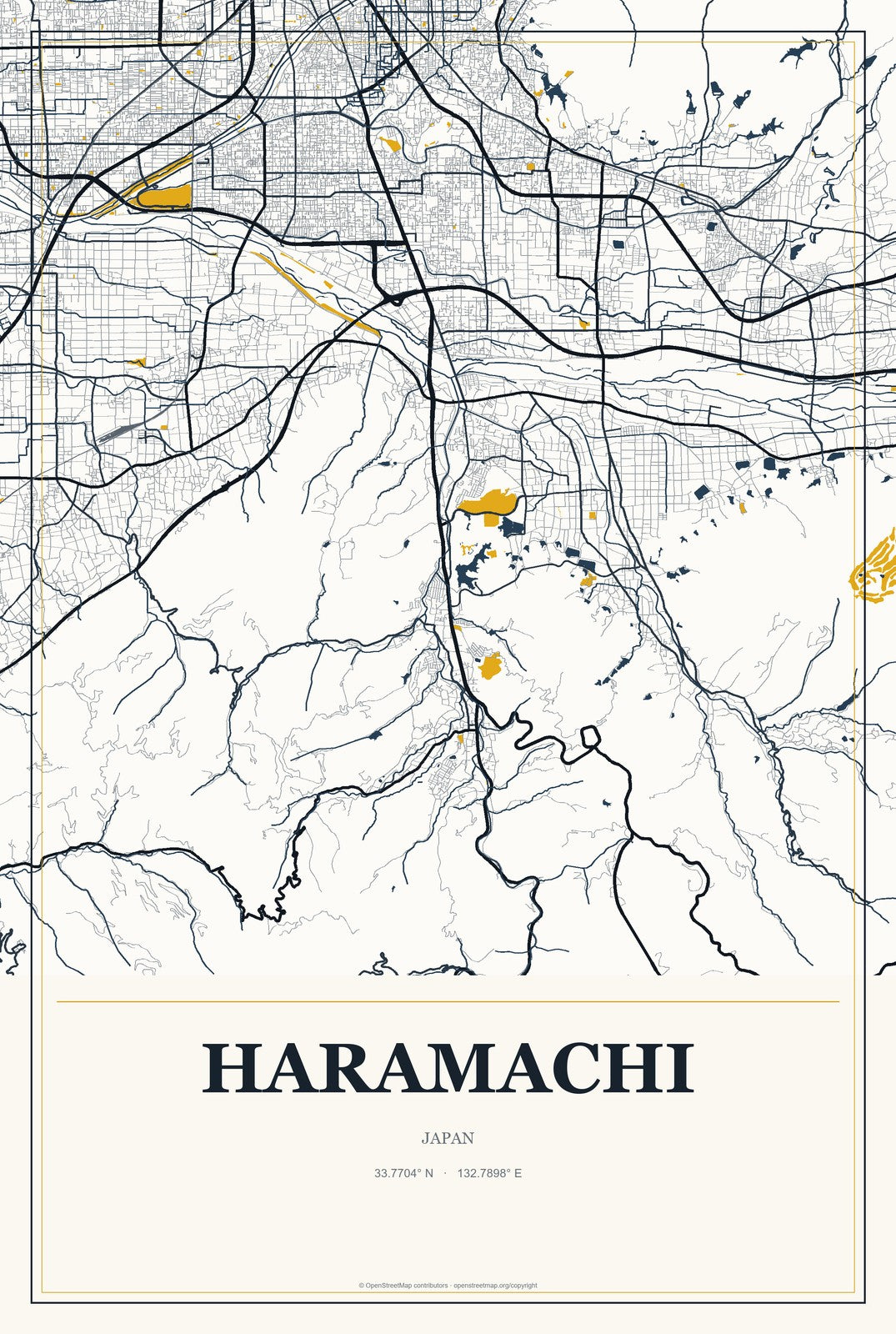Haramachi, Japan City Map Aluminum Sign in Citrine Modern style