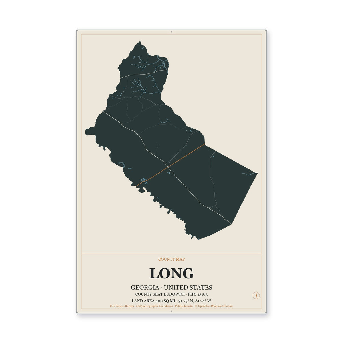 Long County, Georgia Map Aluminum Sign in Headline Atlas style
