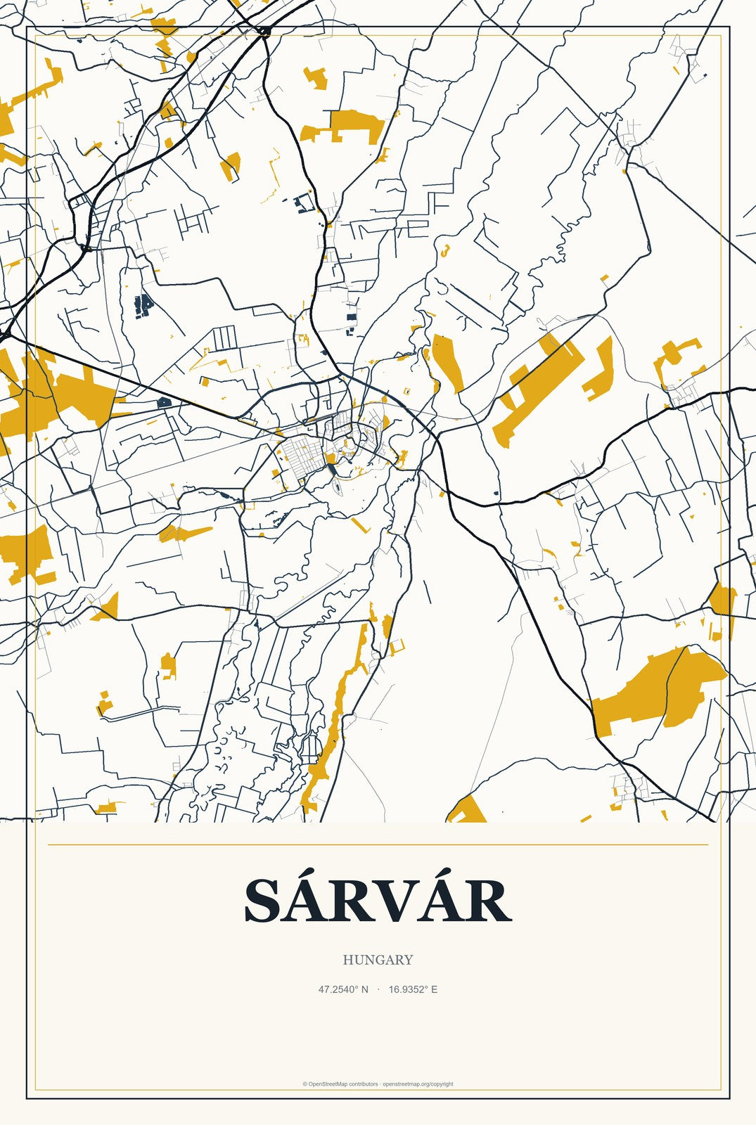 Sárvár, Hungary City Map Aluminum Sign in Citrine Modern style
