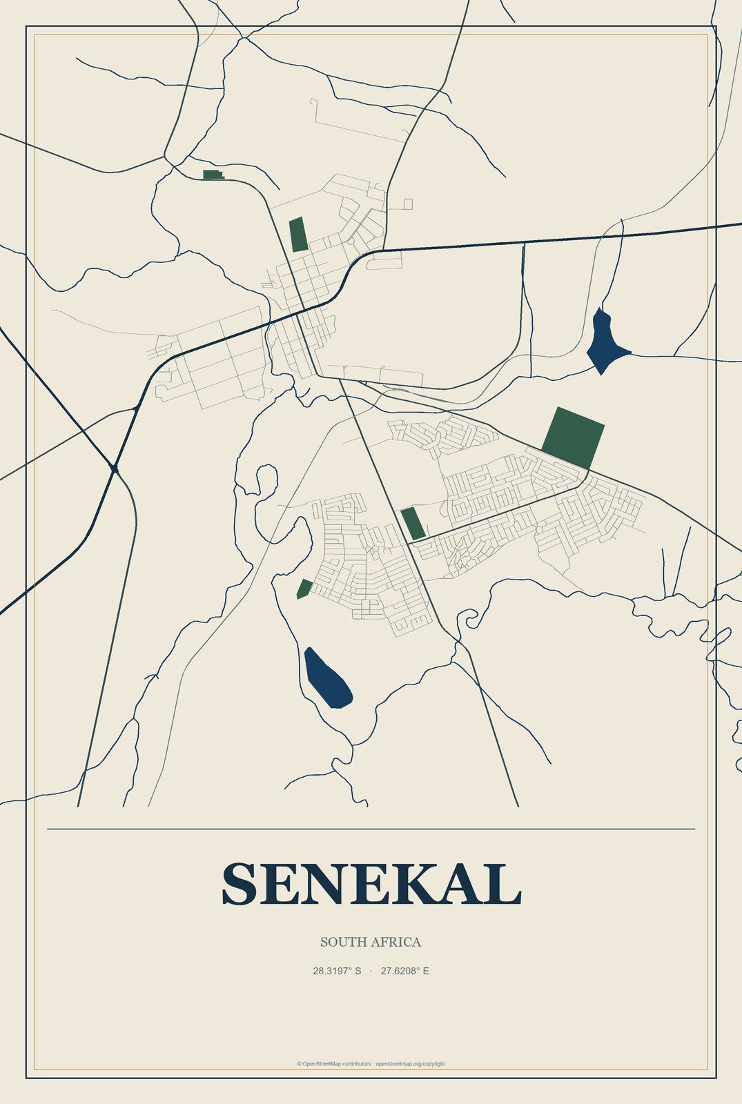 Senekal, South Africa City Map Aluminum Sign in Coastal Cutout style