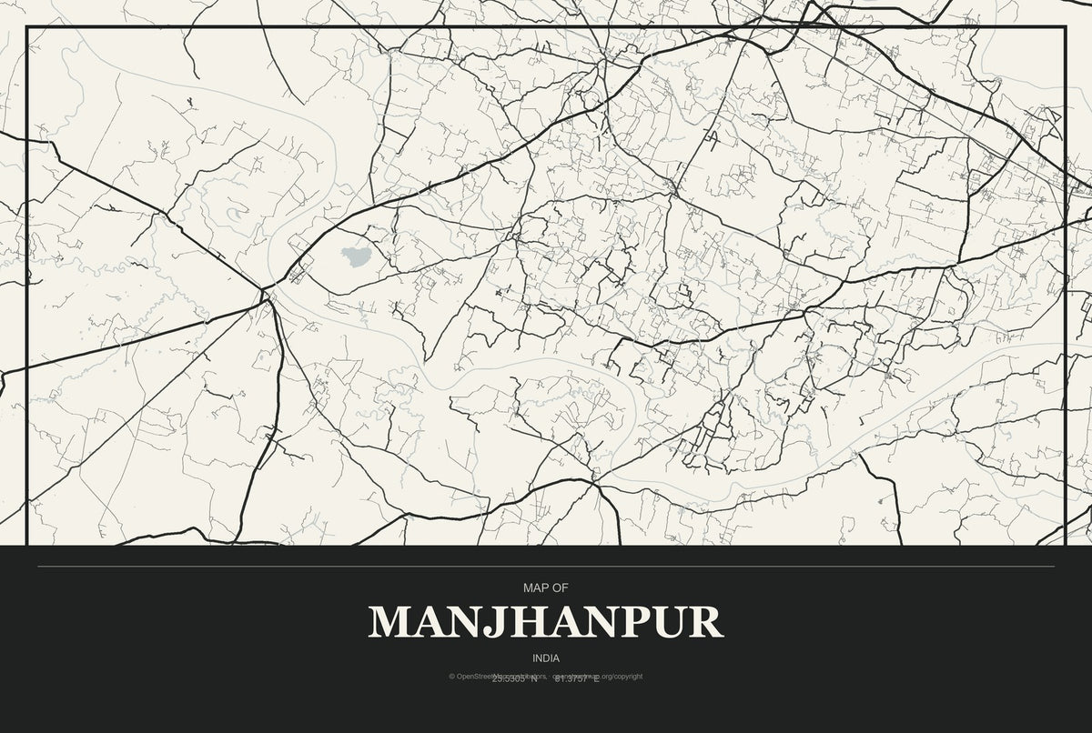 Manjhanpur, India City Map Aluminum Sign in Museum Plaque style