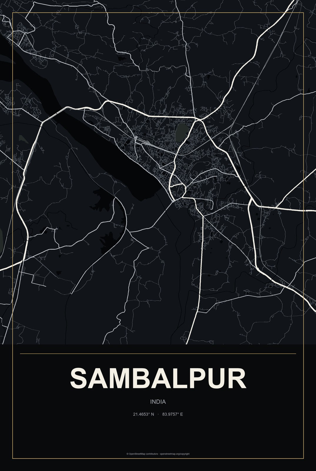 Sambalpur, India City Map Aluminum Sign in Metropolitan Noir style