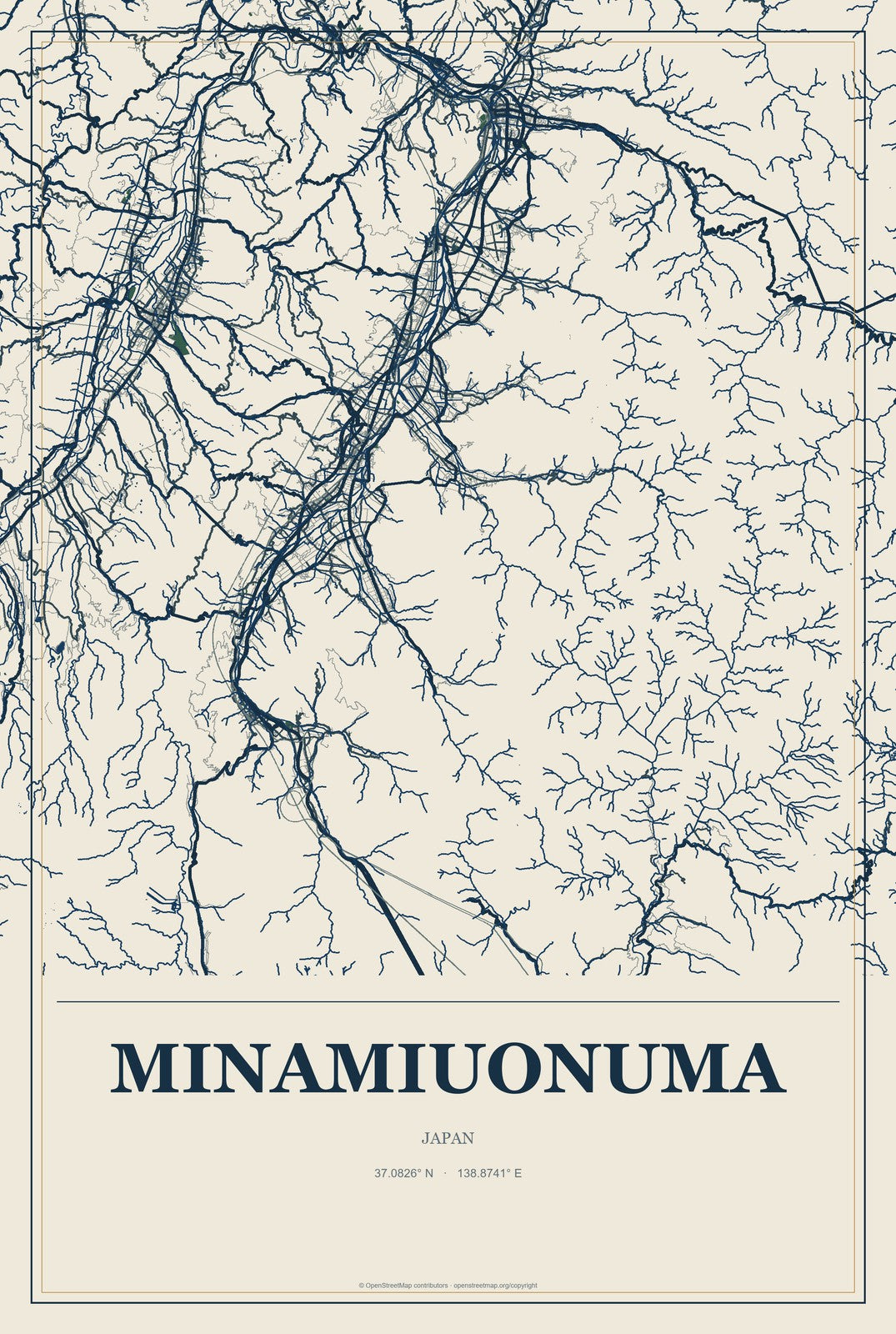 Minamiuonuma, Japan City Map Aluminum Sign in Coastal Cutout style