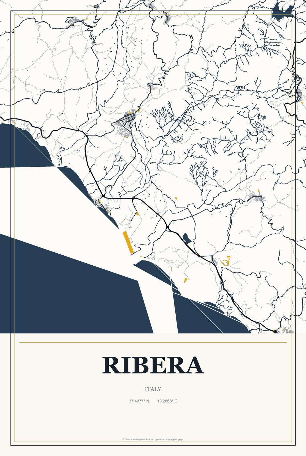 Ribera, Italy City Map Aluminum Sign in Citrine Modern style