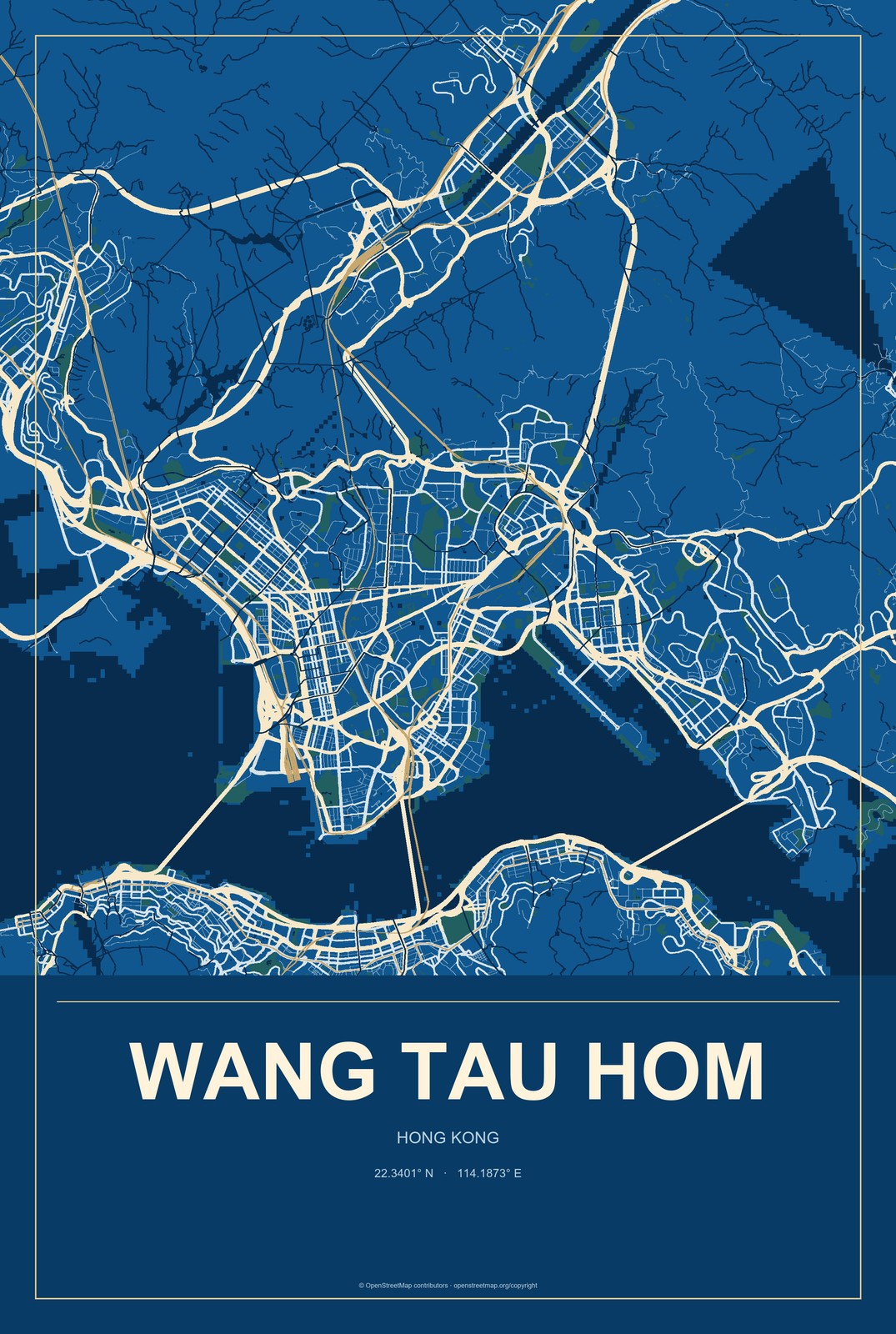 Wang Tau Hom, Hong Kong City Map Aluminum Sign in Harbor Cobalt style