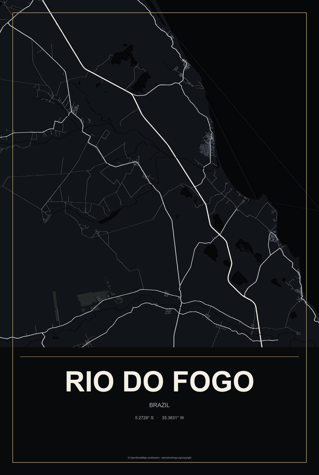 Rio do Fogo, Brazil City Map Aluminum Sign in Metropolitan Noir style