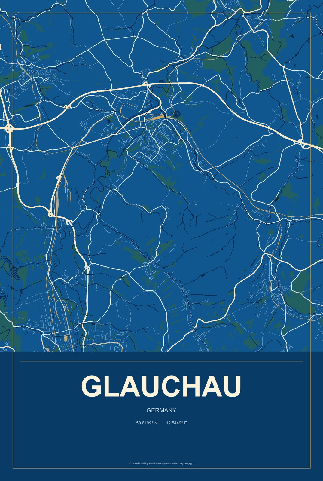 Glauchau, Germany City Map Aluminum Sign in Harbor Cobalt style