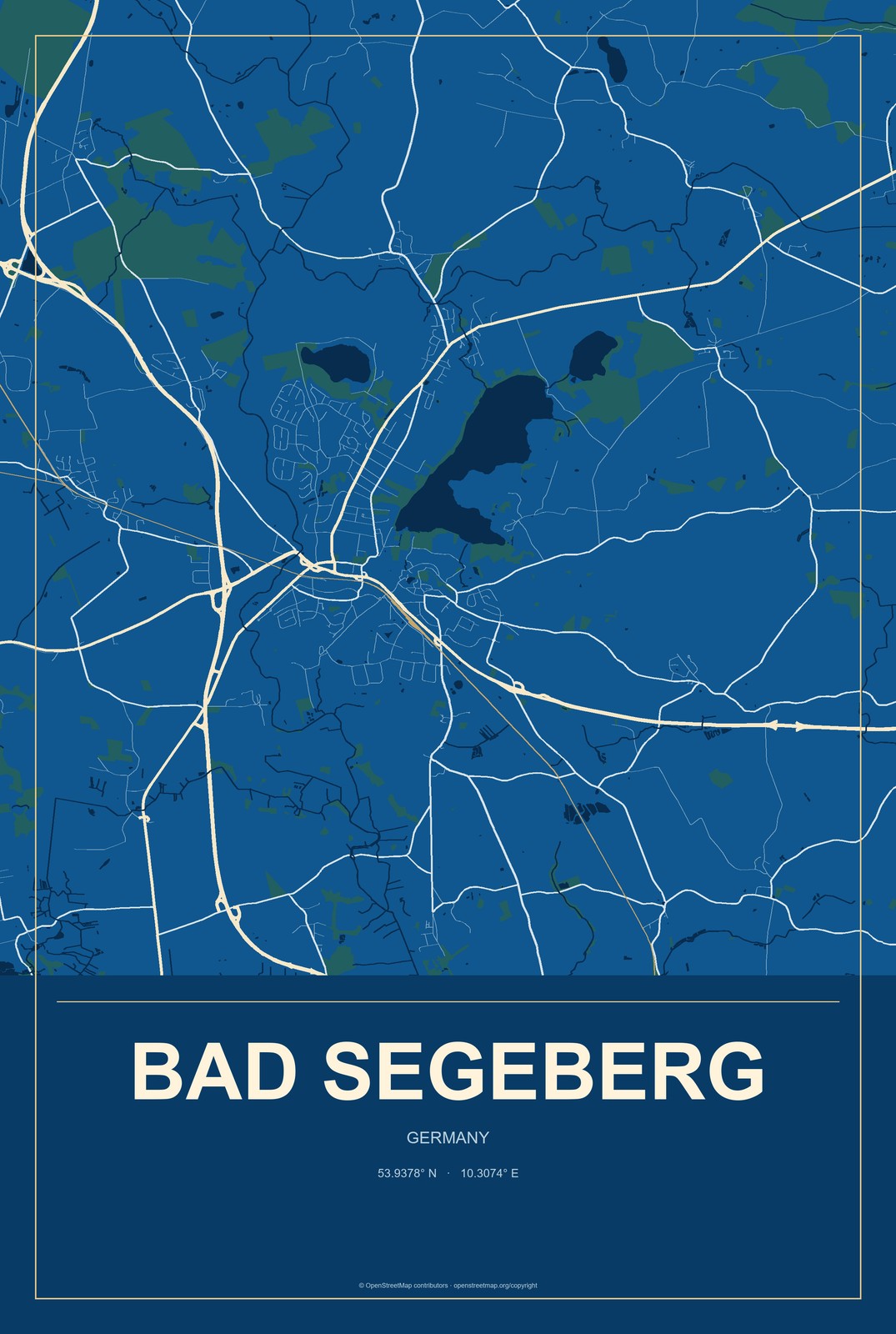 Bad Segeberg, Germany City Map Aluminum Sign in Harbor Cobalt style