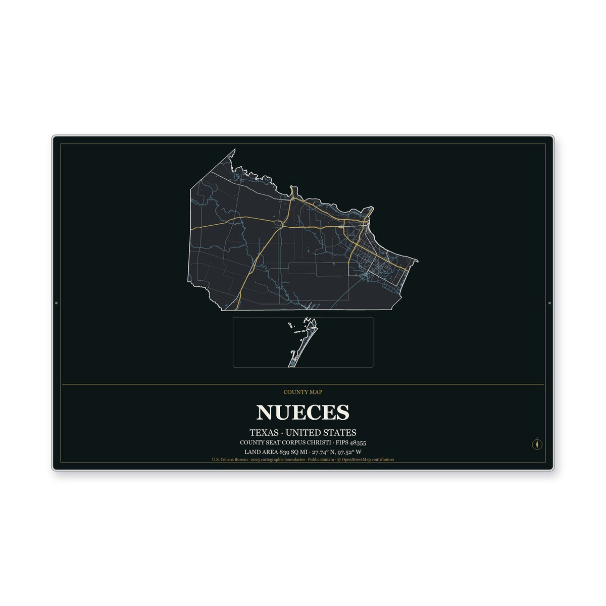 Nueces County, Texas Map Aluminum Sign in Metropolitan Noir style