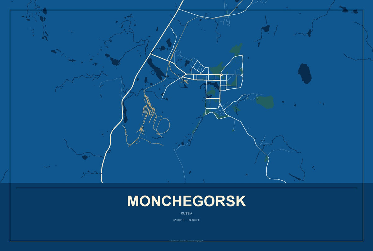 Monchegorsk, Russia City Map Aluminum Sign in Harbor Cobalt style