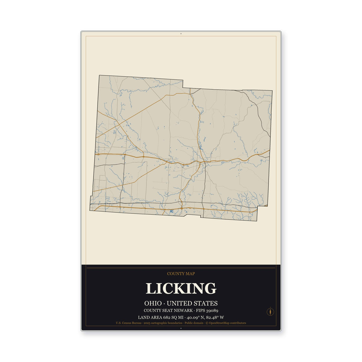 Licking County, Ohio Map Aluminum Sign in Museum Plaque style