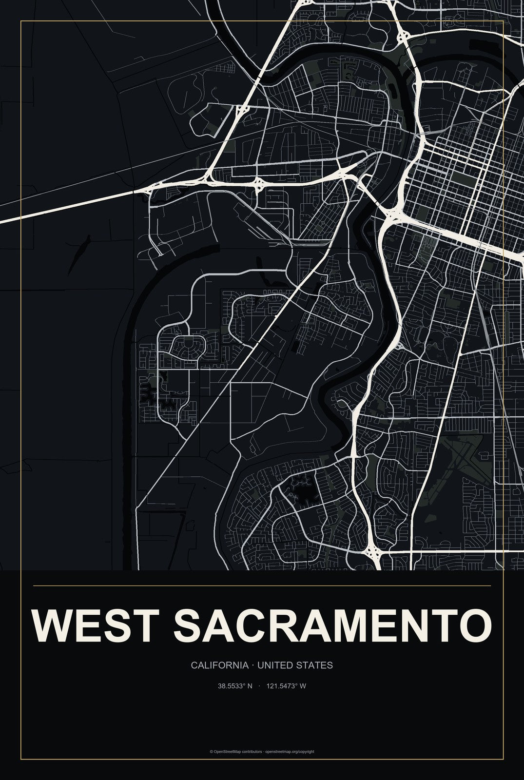 West Sacramento, California City Map Aluminum Sign in Metropolitan Noir style