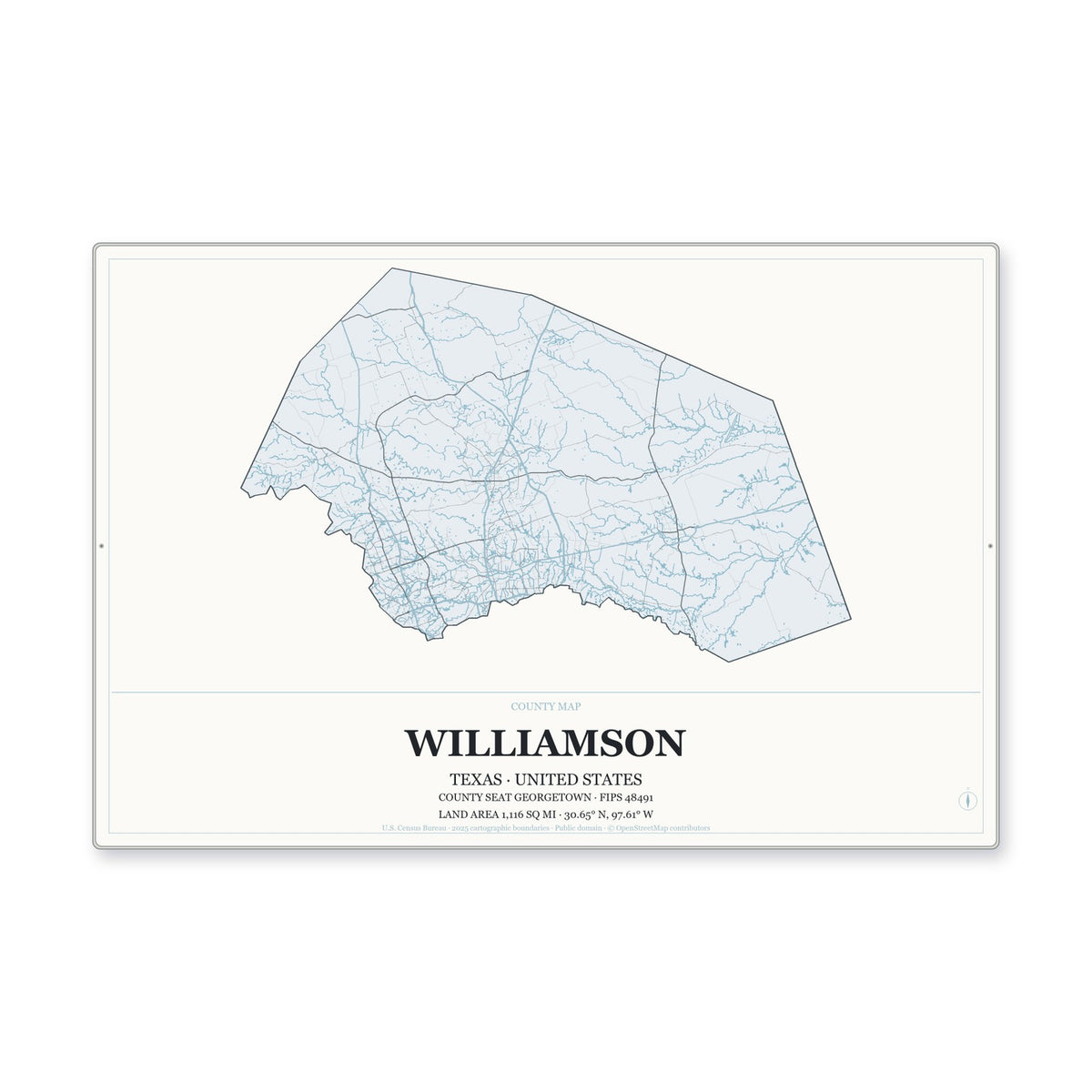 Williamson County, Texas Map Aluminum Sign in Gallery Air style