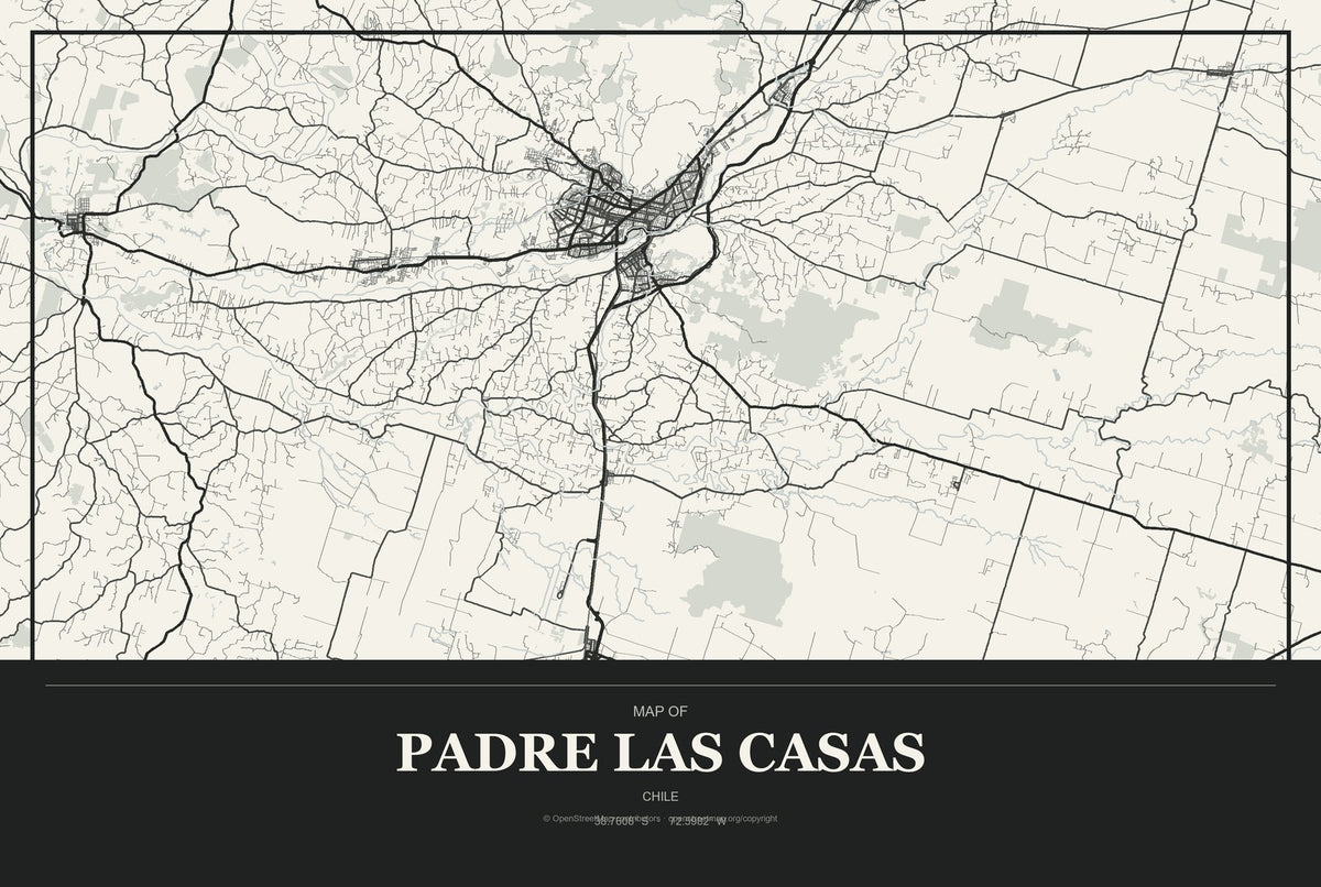 Padre Las Casas, Chile City Map Aluminum Sign in Museum Plaque style
