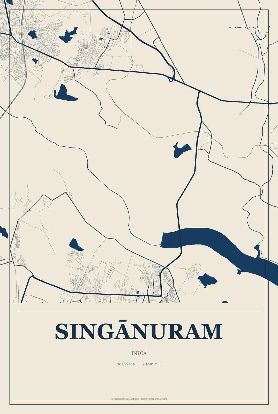 Singānuram, India City Map Aluminum Sign in Coastal Cutout style