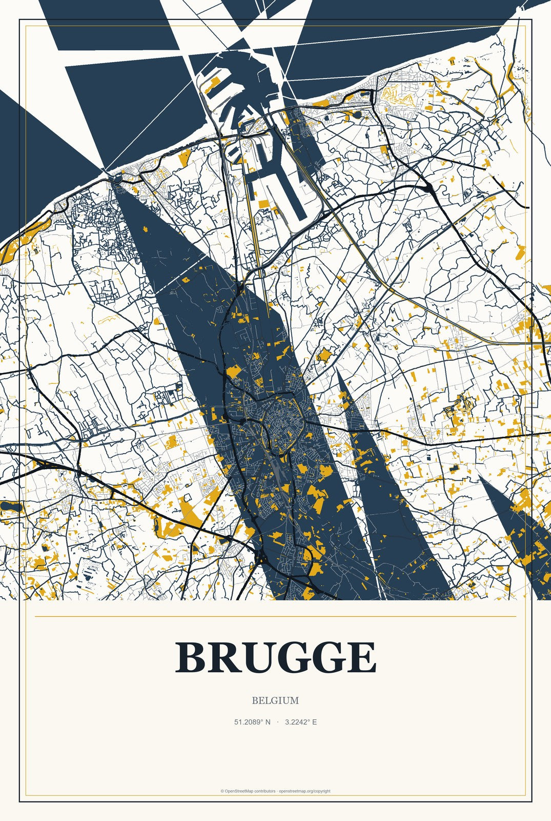 Brugge, Belgium City Map Aluminum Sign in Citrine Modern style