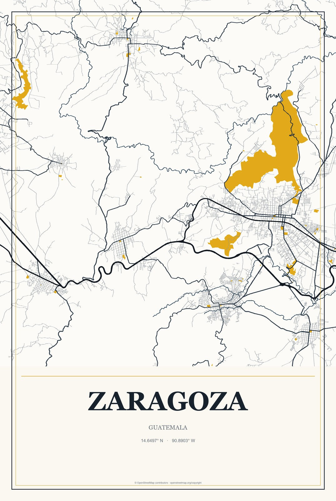 Zaragoza, Guatemala City Map Aluminum Sign in Citrine Modern style