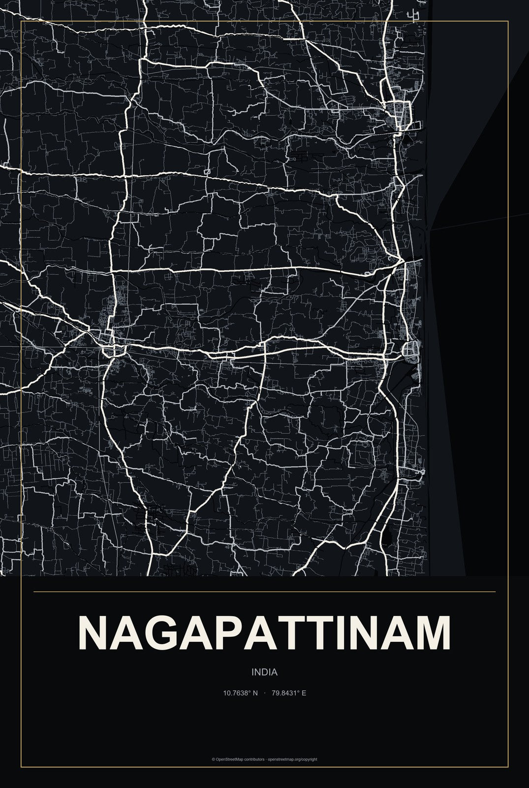 Nagapattinam, India City Map Aluminum Sign in Metropolitan Noir style