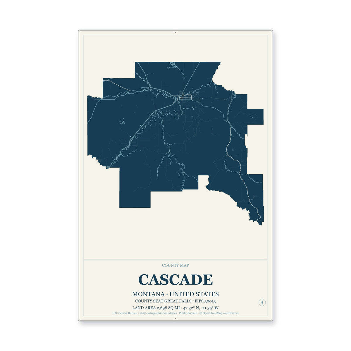 Cascade County, Montana Map Aluminum Sign in Coastal Cutout style