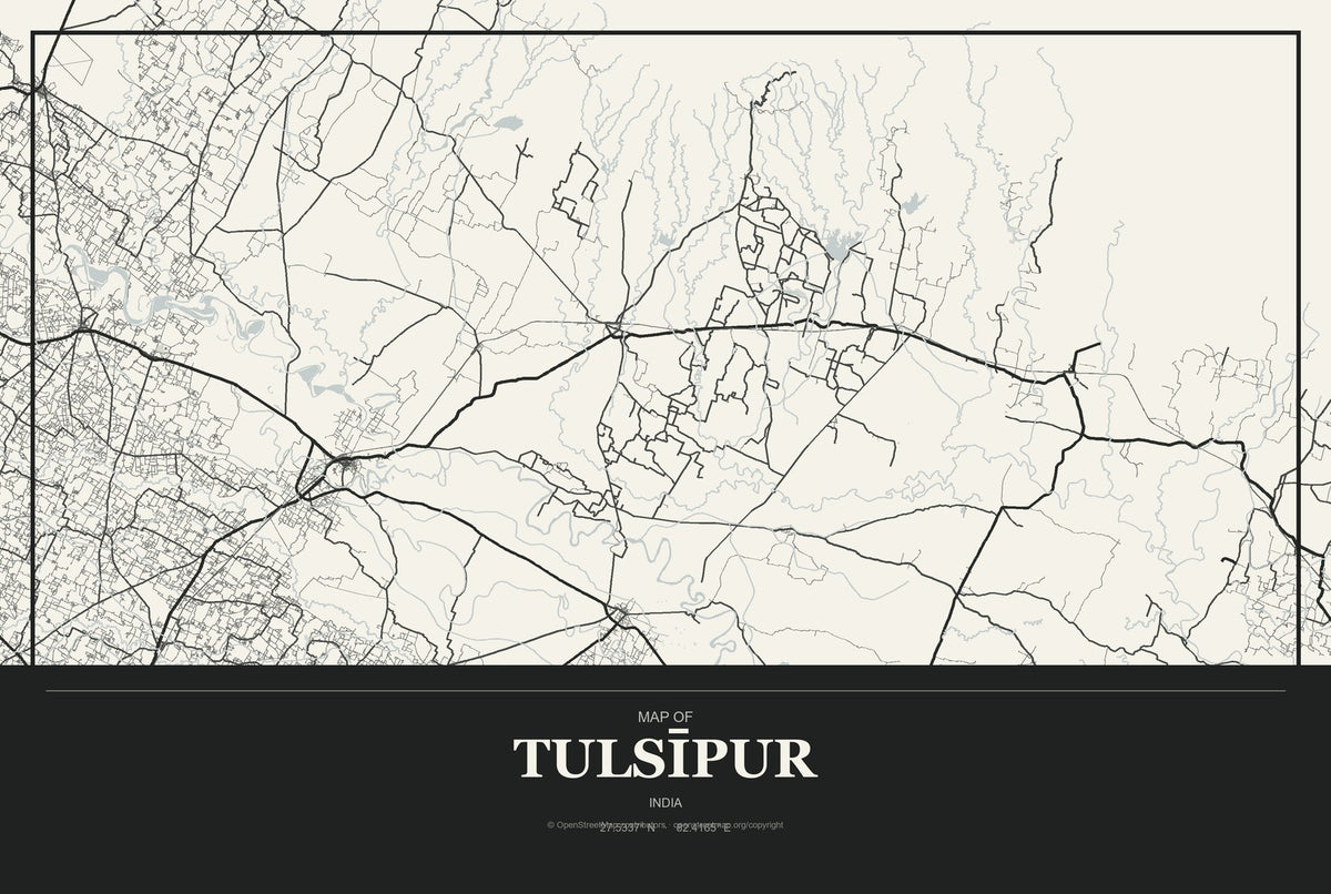 Tulsīpur, India City Map Aluminum Sign in Museum Plaque style