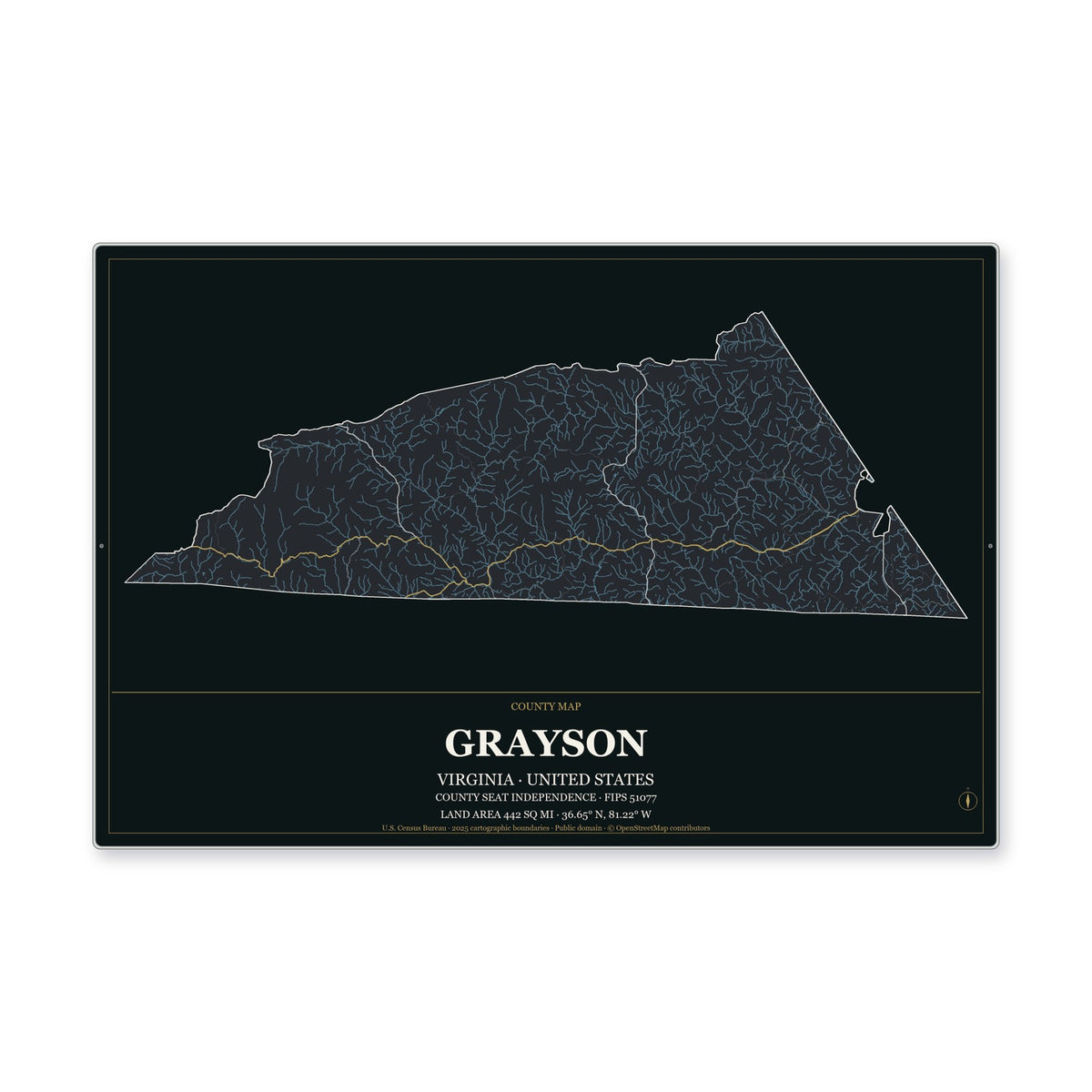 Grayson County, Virginia Map Aluminum Sign in Metropolitan Noir style
