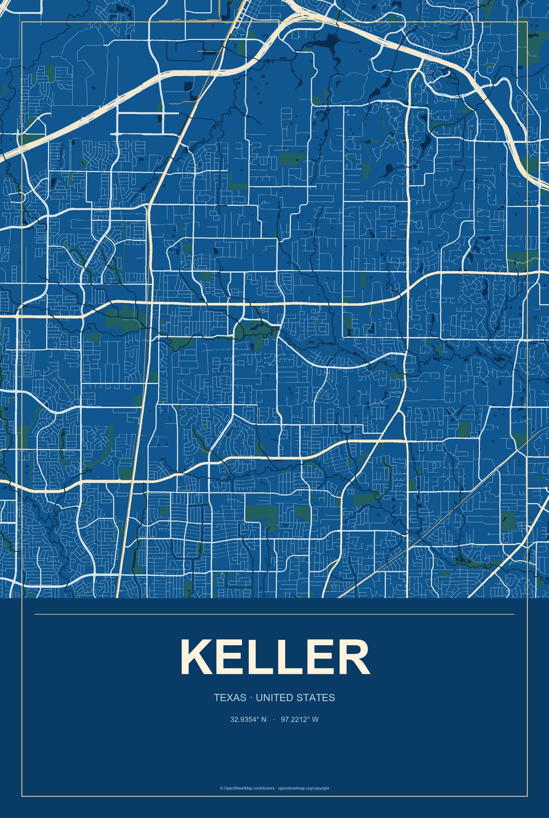 Keller, Texas City Map Aluminum Sign in Harbor Cobalt style
