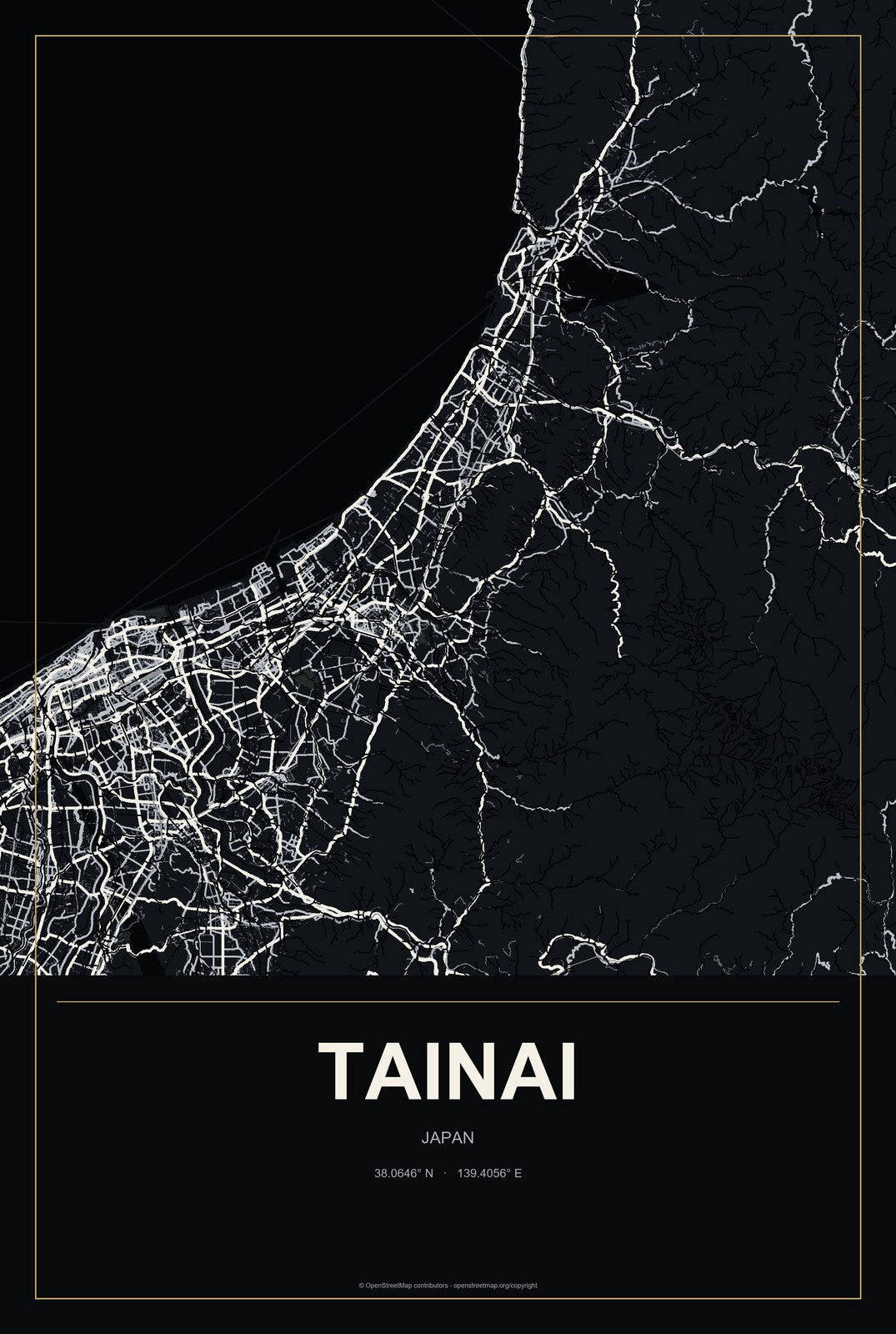 Tainai, Japan City Map Aluminum Sign in Metropolitan Noir style