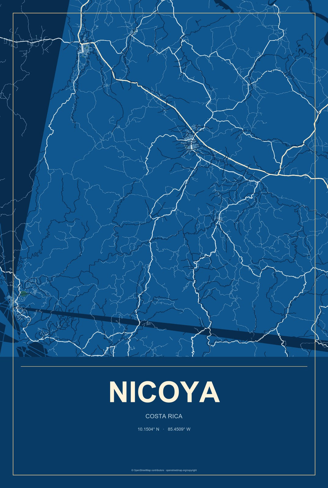 Nicoya, Costa Rica City Map Aluminum Sign in Harbor Cobalt style