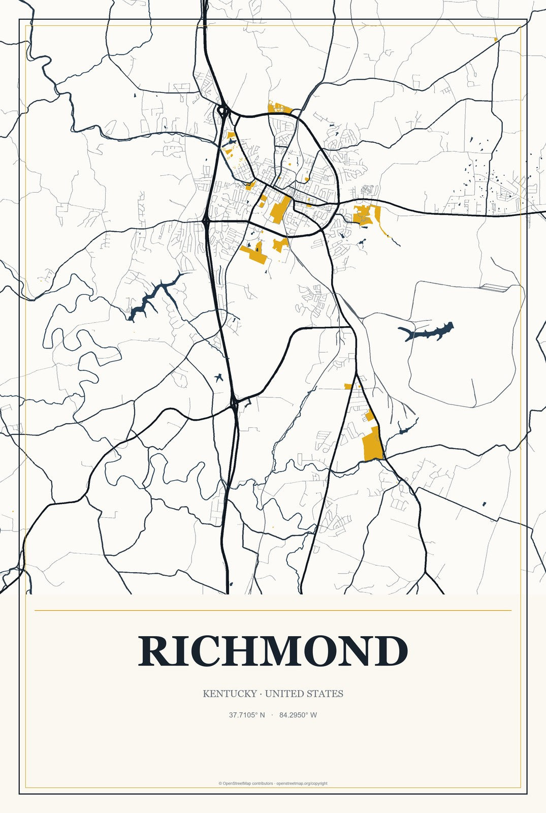 Richmond, Kentucky City Map Aluminum Sign in Citrine Modern style
