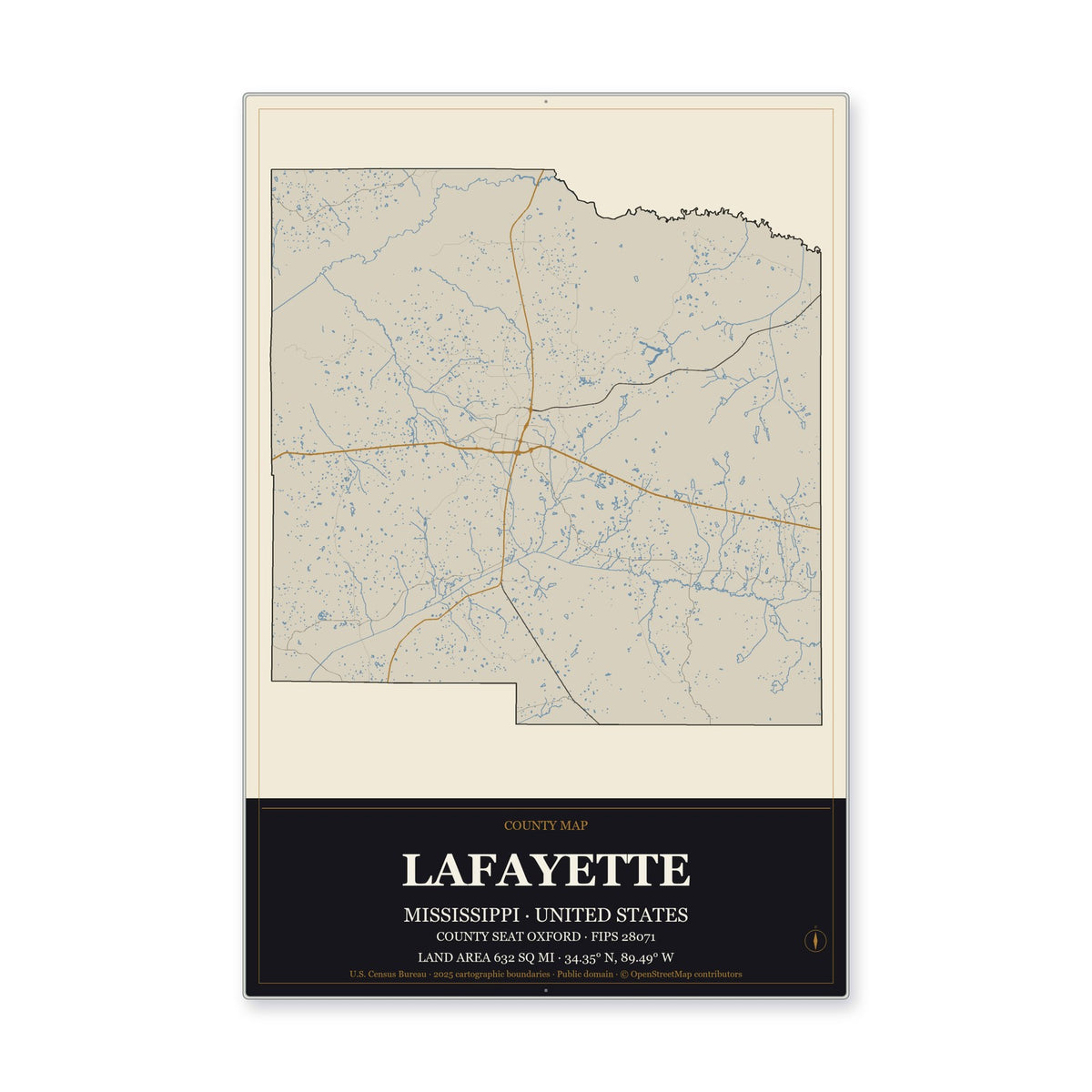 Lafayette County, Mississippi Map Aluminum Sign in Museum Plaque style