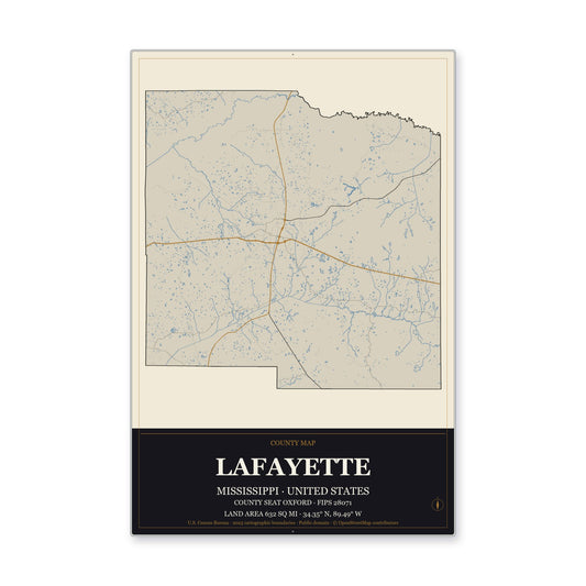 Lafayette County, Mississippi Map Aluminum Sign in Museum Plaque style