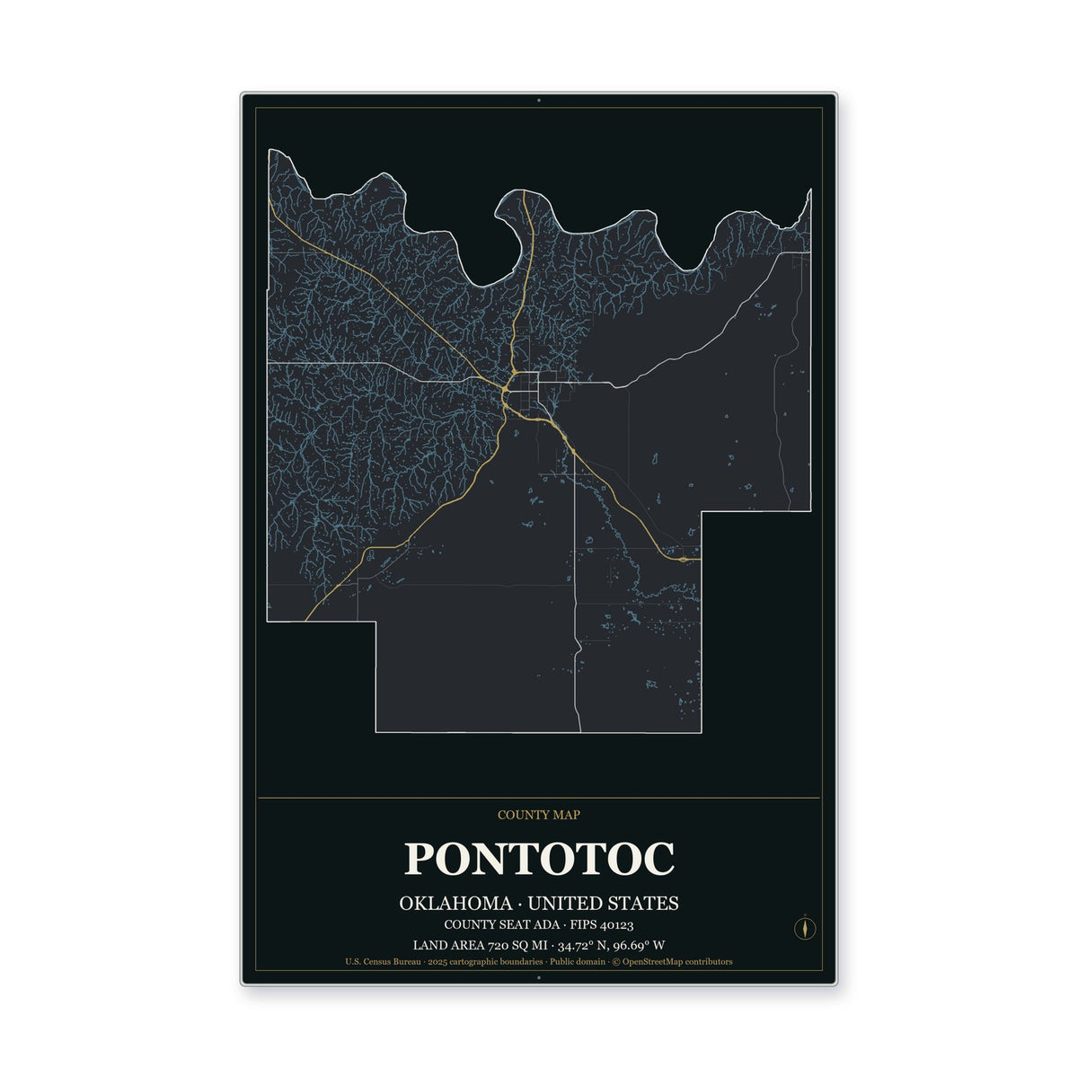 Pontotoc County, Oklahoma Map Aluminum Sign in Metropolitan Noir style