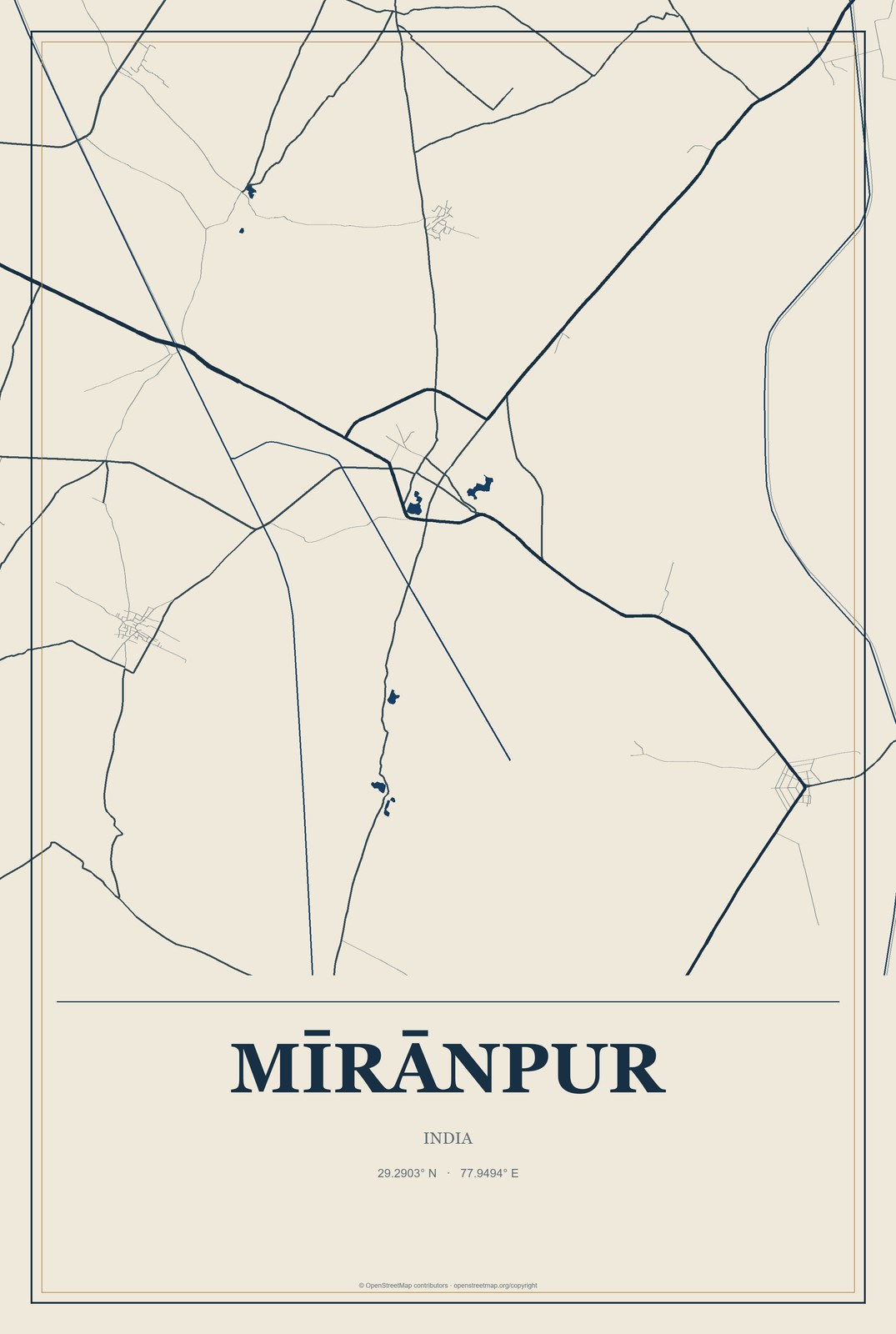 Mīrānpur, India City Map Aluminum Sign in Coastal Cutout style