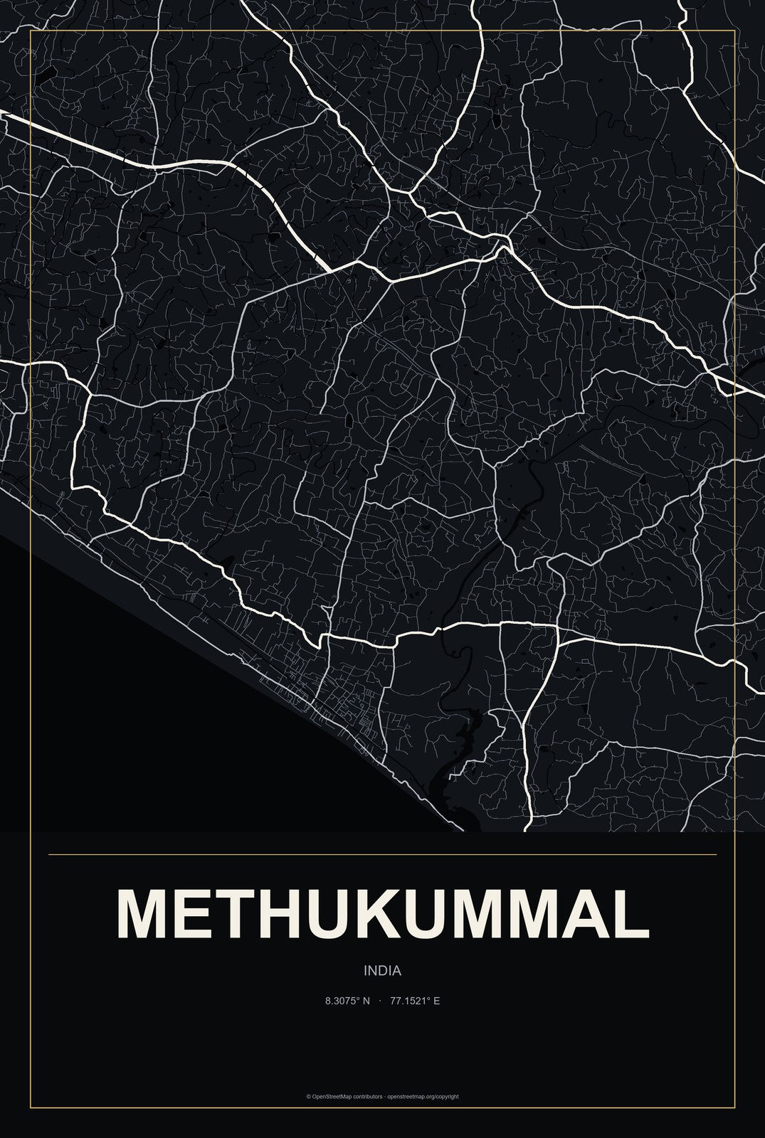 Methukummal, India City Map Aluminum Sign in Metropolitan Noir style